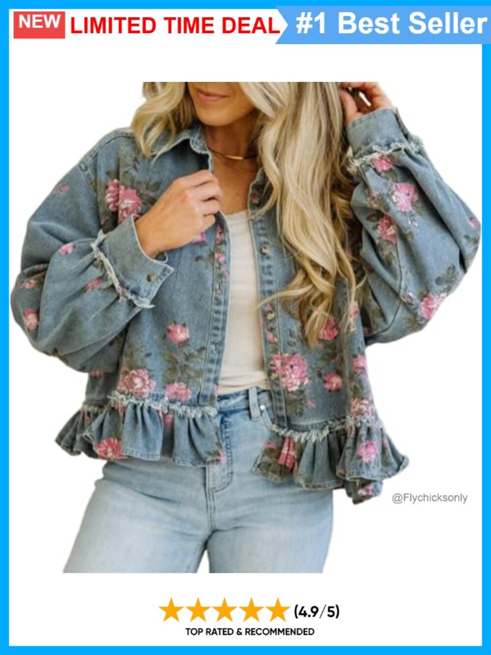 Denim Jacket for Women Floral Print Ruffle Blue Jean Jacket